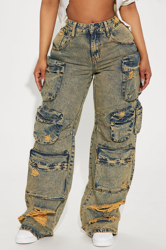 NIKKI NON STRETCH ACID WASH CARGO JEANS