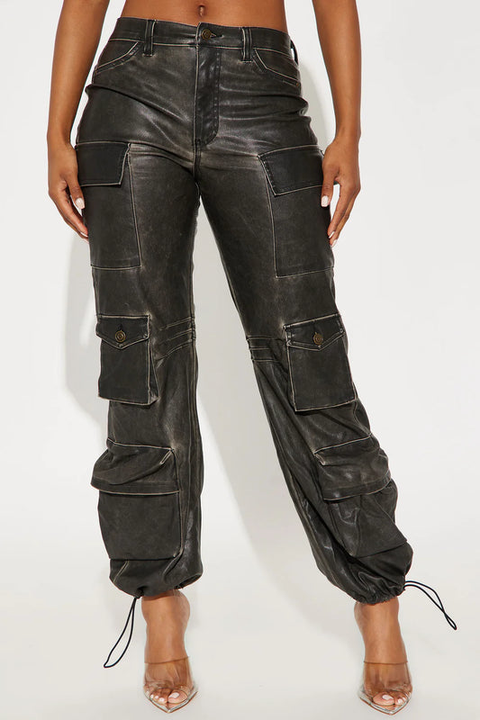 CITY IS MINE FAUX LEATHER CARGO PANTS