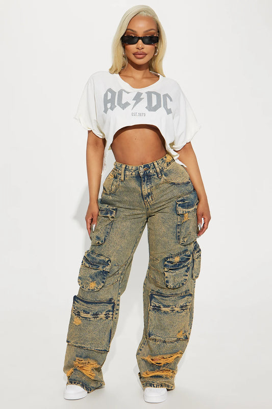 NIKKI NON STRETCH ACID WASH CARGO JEANS