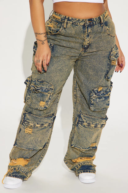 NIKKI NON STRETCH ACID WASH CARGO JEANS