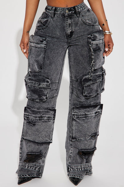 NIKKI NON STRETCH ACID WASH CARGO JEANS