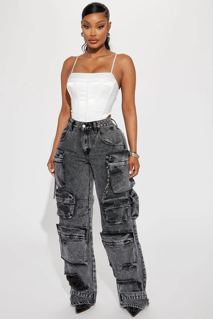 NIKKI NON STRETCH ACID WASH CARGO JEANS