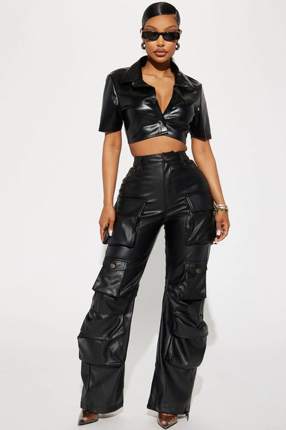 CITY IS MINE FAUX LEATHER CARGO PANTS