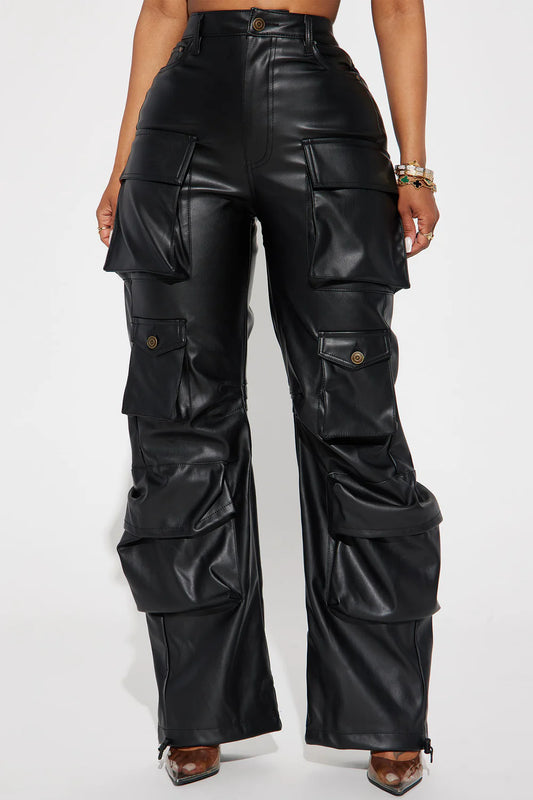 CITY IS MINE FAUX LEATHER CARGO PANTS