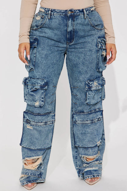 NIKKI NON STRETCH ACID WASH CARGO JEANS