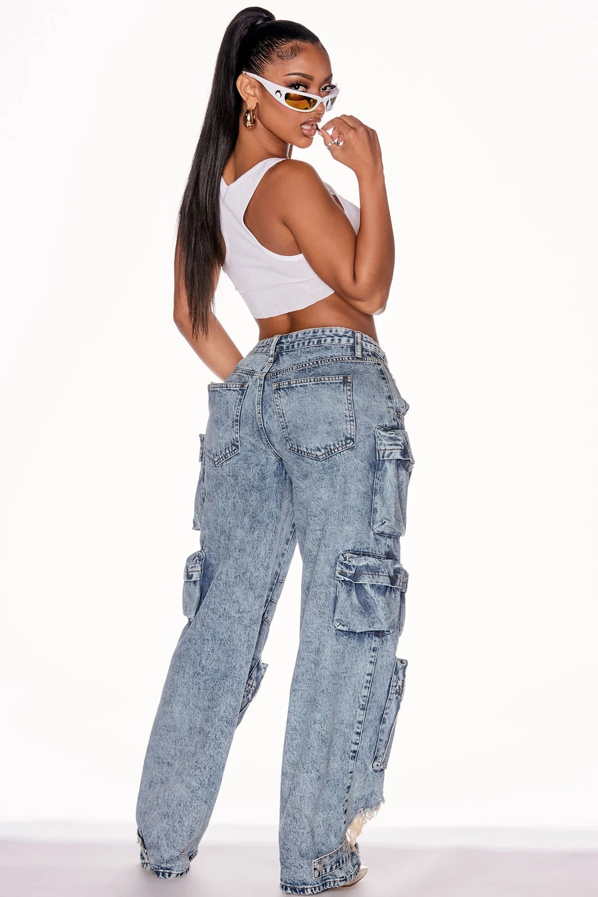 NIKKI NON STRETCH ACID WASH CARGO JEANS