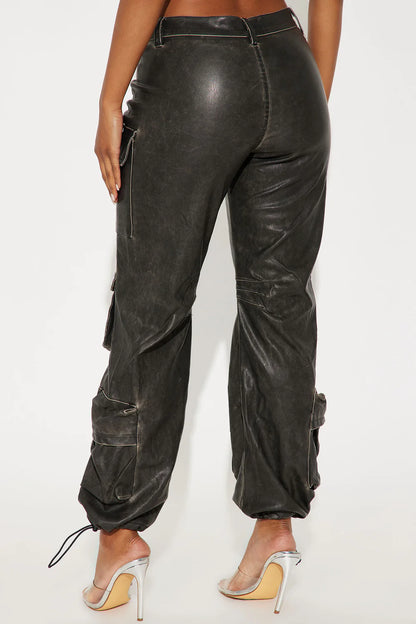 CITY IS MINE FAUX LEATHER CARGO PANTS