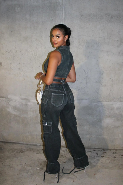 BILLIE RIPPED ANKLE TIE CARGO JEANS